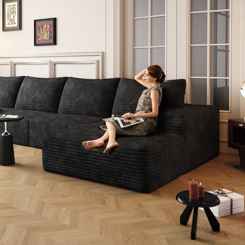 Floor Standing Corduroy Upholstered Modular Deep Seat Sofa L-shaped Sectional Couch with Chaise for Living Room, Apartment