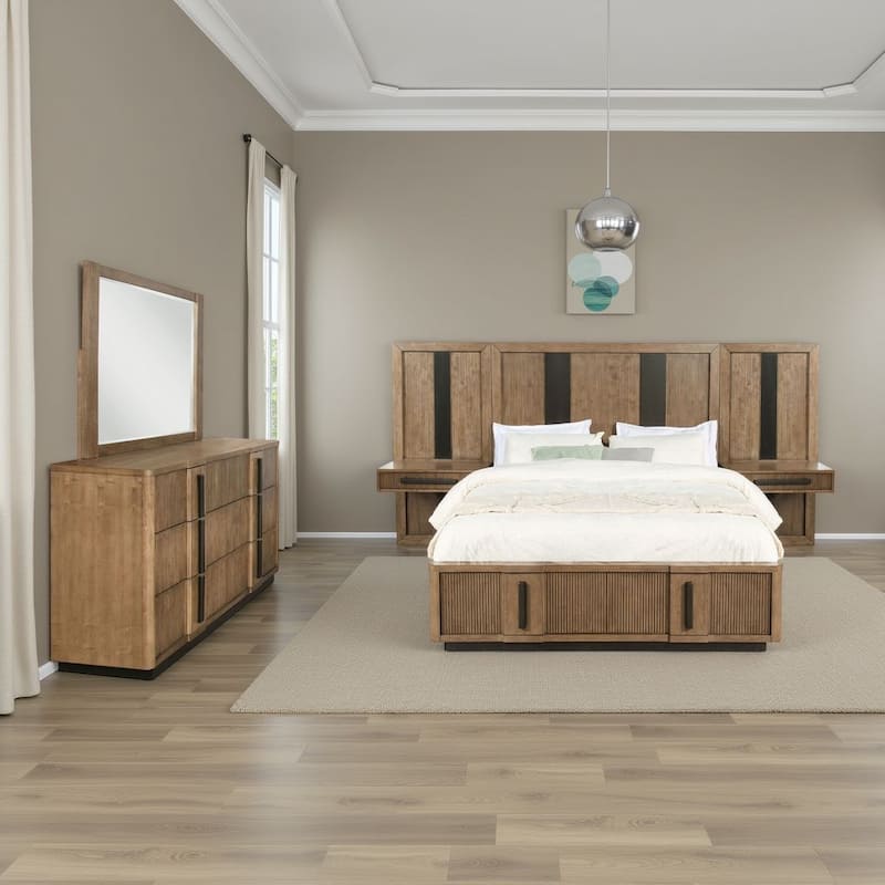 Reon 5pc Queen Storage Bedroom Set, Black, Ash Brown Fluted Wall Panel