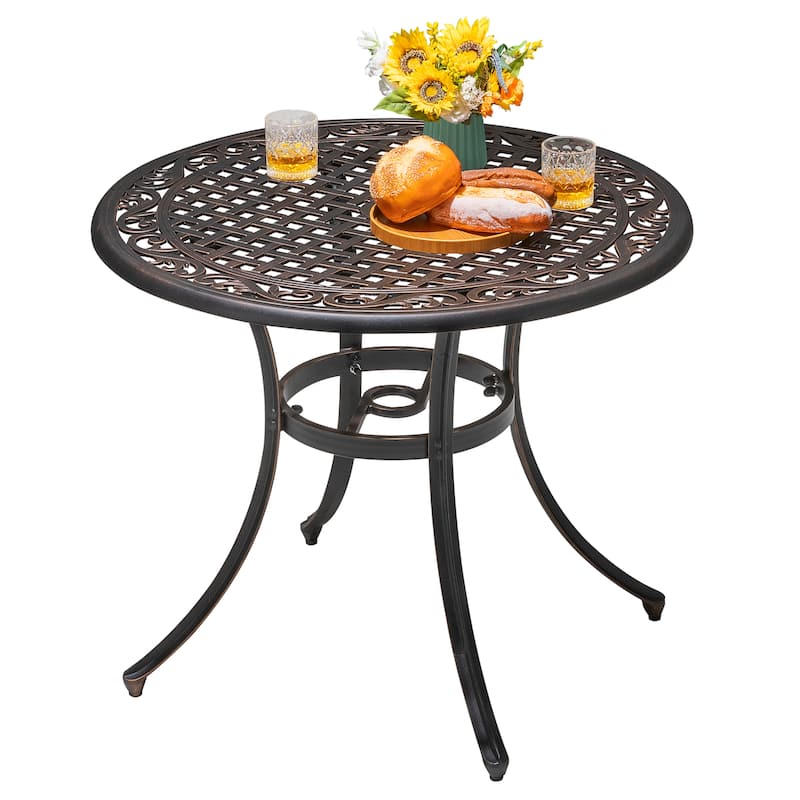 Outdoor Round Cast Aluminum Dining Table with Umbrella Hole - 35'' Bronze