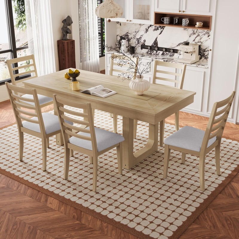 7-Piece Expandable Dining Set – Farmhouse-Style Extendable Table & 6 Upholstered Chairs, Rustic Wood Kitchen Table .