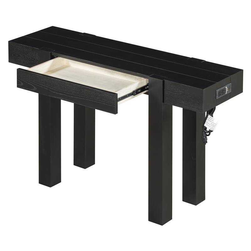 Rustic Minimalist Console Table with Hidden Drawer, Side Power Outlet, Wood Entryway Table for Entryways, Living Rooms