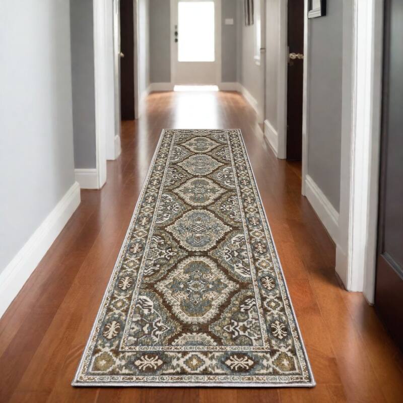 HomeRootsMedallion Traditional Runner Area Rug - 92.52' X '26.77' X '0.39 - Blue/Gray