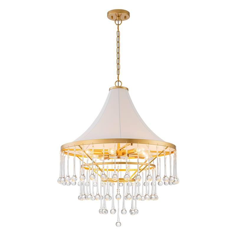 Brushed Gold Crystal Tiered Chandelier with Linen Shade Dining Room - Dia.23.62-in