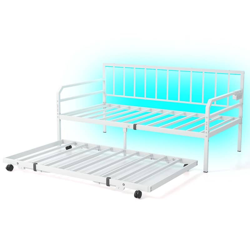 Metal Twin Daybed with Trundle Twin Bed Frame w/ Charging Station - White