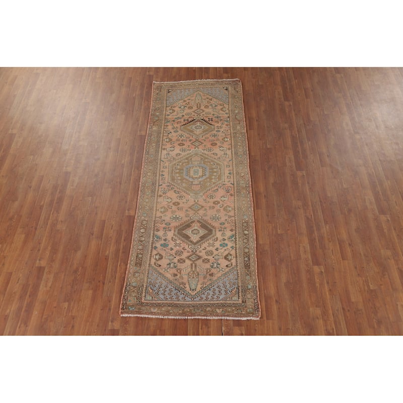 Geometric Hamedan Persian Vintage Runner Rug Handmade Wool Carpet - 3'5" x 9'3"