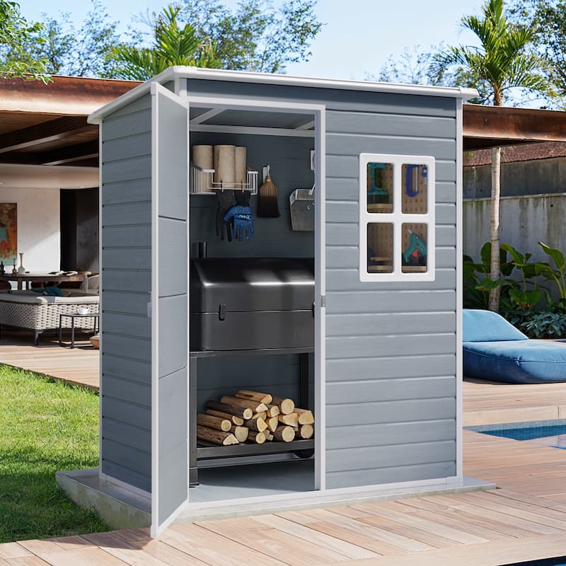 5x3 / 6x4 / 8x6 FT Outdoor Storage Shed with Floor, Resin Garden Tool Shed with Lockable Doors, Waterproof Plastic Storage Sheds