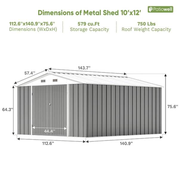 dimension image slide 2 of 8, Patiowell 10' x 12' &10' x 14' Metal Outdoor Storage Shed with Floor Frame for Garden, Backyard, Patio