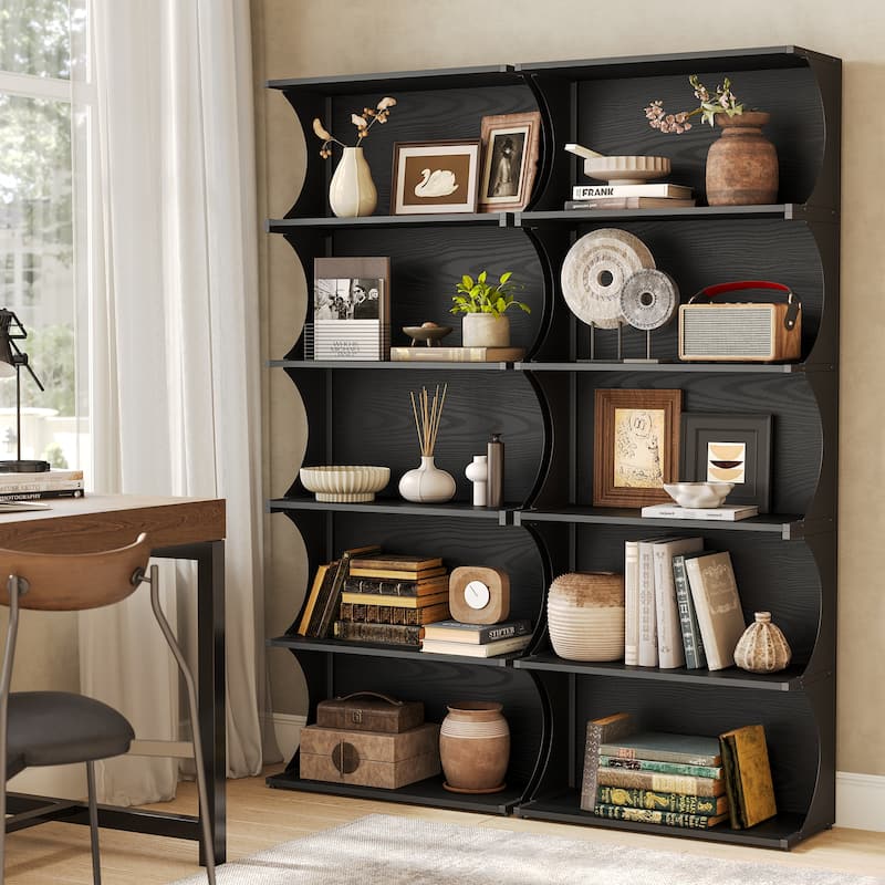5-Tier Tall Bookcase Modern Black Open Bookshelf