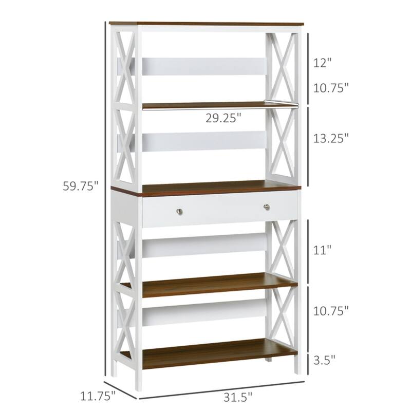 Freestanding 4 Tier Modern Walnut White Bookshelf with Storage Drawer for Living Room or Office - 31.5" W x 11.75" D x 59.75" H
