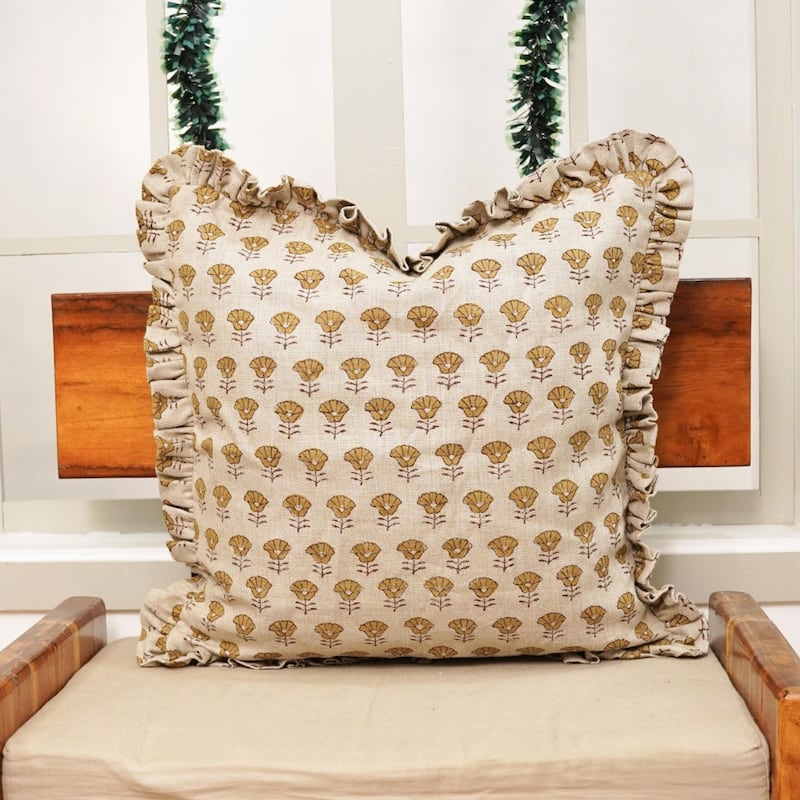 Fabdivine Heavy Linen Floral Ruffled Both Side Cushion Cover Home Décor Accent