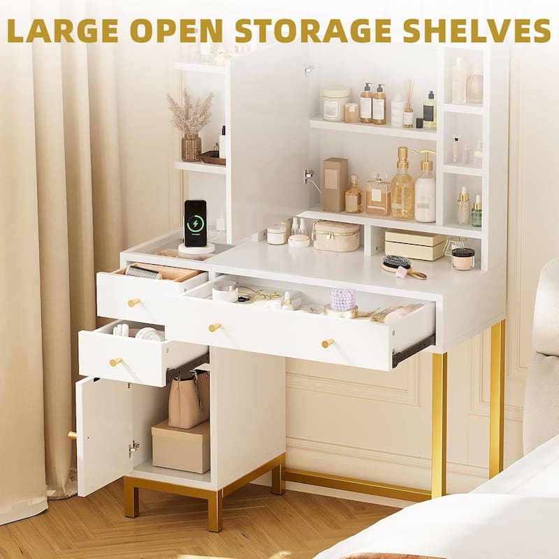 Makeup Desk Dressing Table with LED Lighted Mirror, Power Outlet