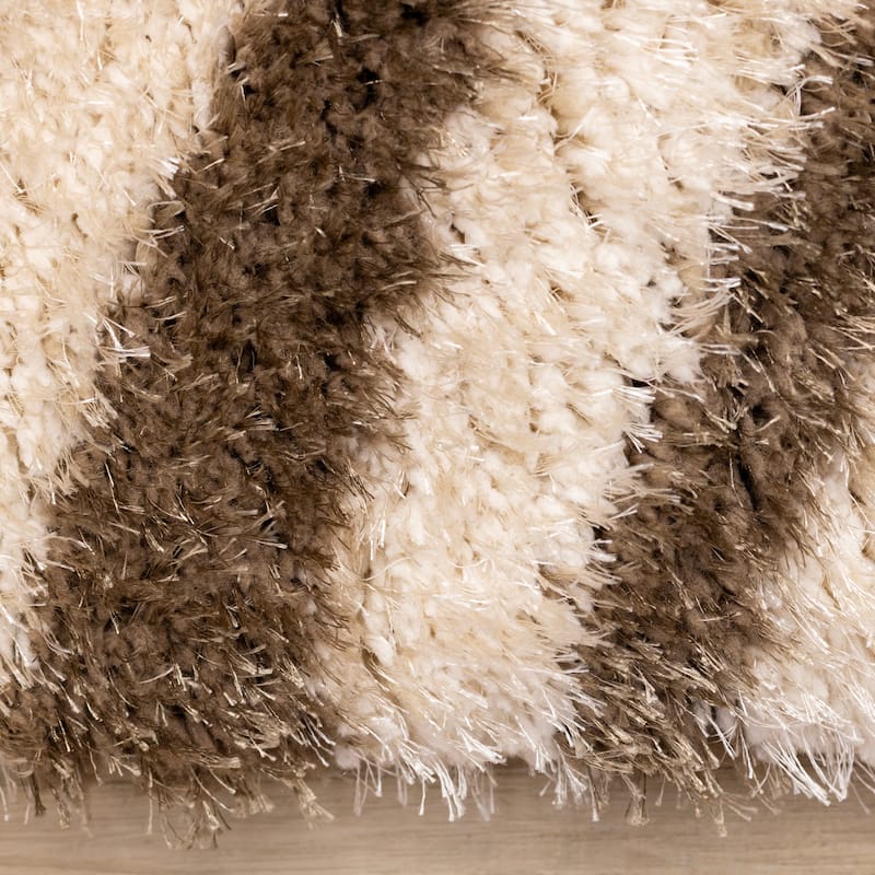 Beige Brown White Zebra Print Soft Shag Rug