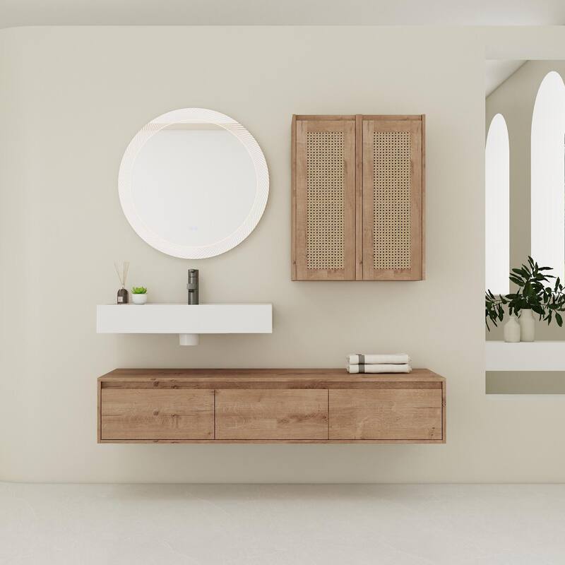 60 inch Wall-Mounted Bathroom Vanity with Resin Sink and 2-Side Cabinet, 3-Soft Close Drawer, Float Mounting Design - Imitative Oak