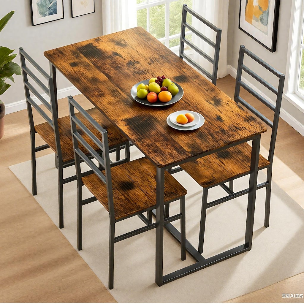 Modern 5-Piece Dining Set for 4 with Wood Table, Wood Kitchen Table Set with Iron Chairs for Dining Room