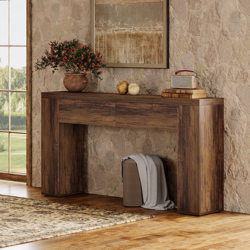 63" Wood Console Table With Drawers, Rustic Brown Sofa Console Table