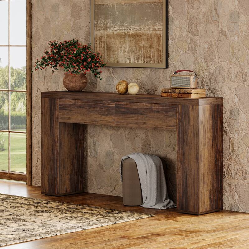 63-Inch Wooden Console Table with 2 Hidden Drawers, Sofa Table for Living Room, Hallway, Entrance, Foyer