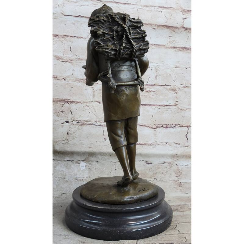 Japanese Scholar Bronze Statue With Backpack - Vintage Style Figurine Of Young Boy Reading