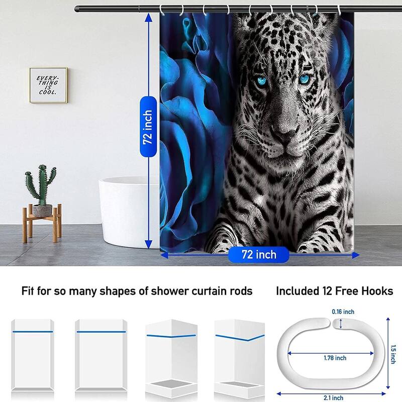 Blue Rose and Leopard Shower Curtain Bathroom Set, 72" x 72"