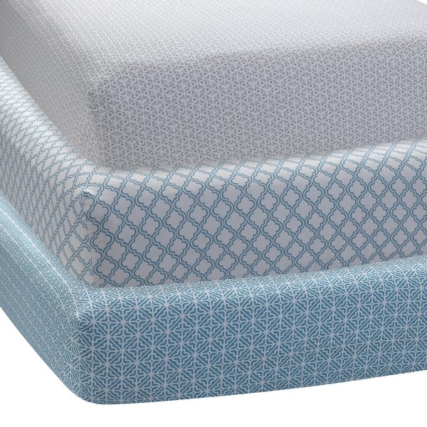 slide 1 of 1, Lambs & Ivy Ryan Collection Blue/Gray/White 3-Pack 100% Cotton Sateen Fitted Crib Sheets