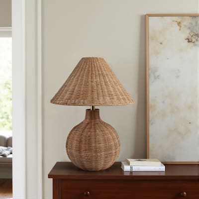 Woven Table Lamp Coastal Fabric Shade for Bedroom Office - 23" Ivory - 17" x 17" x 23"