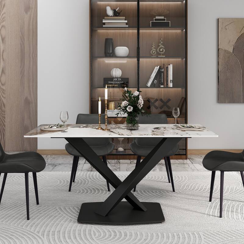 63" Dining Table for 6 with Sintered Stone Tabletop and with X-Shape Carbon Steel Pedestal