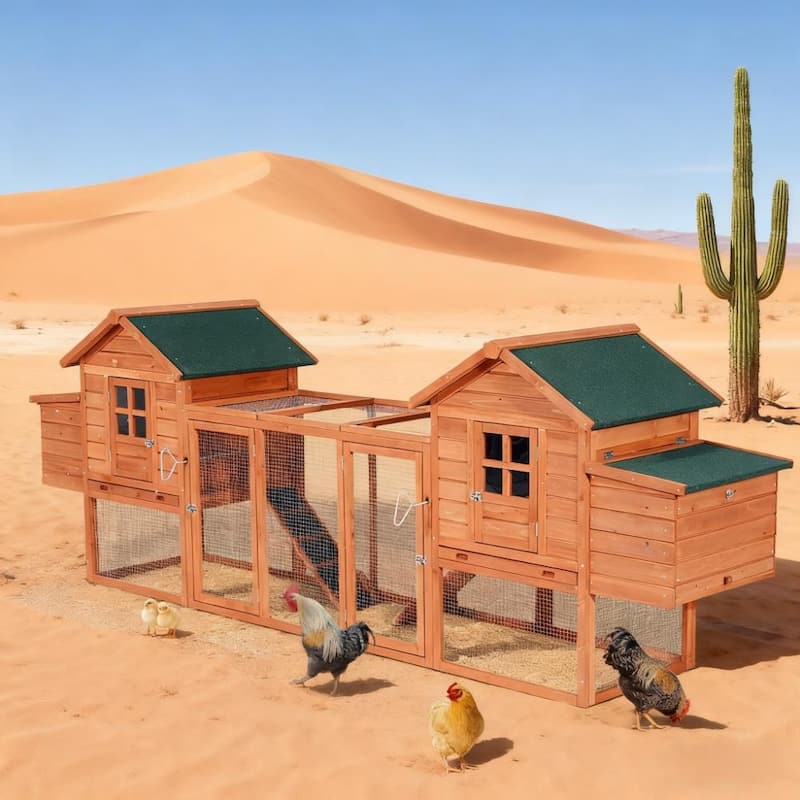 124" Large Dual Chicken Coop & Rabbit Hutch - Wooden Hen House & Poultry Cage