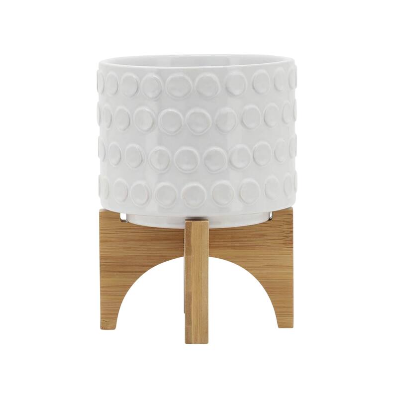 Sagebrook Home Ceramic Planters: Elevate Your Greenery with Stylish Bamboo Wood Stands - Perfect Home Decor Accessory