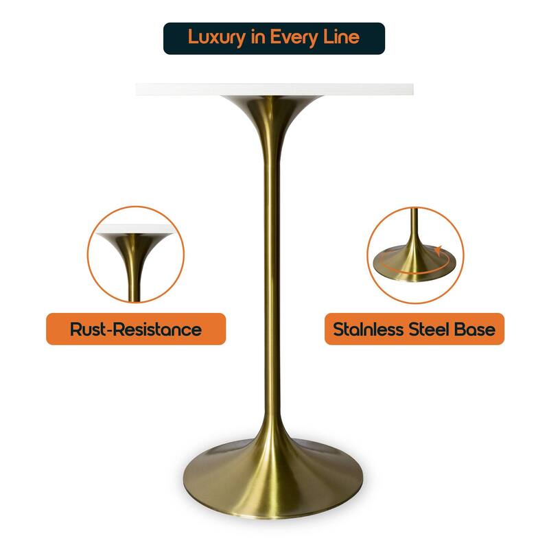 Verve 43 in. Tall Bar Height Dining Table Square MDF Wood Tabletop in Gold Stainless Steel Pedestal Base Accent Bar Table