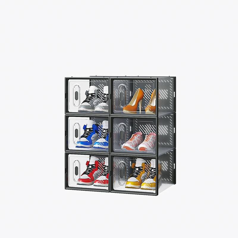 6-Piece Medium Black Plastic Mesh Shoe Box Set - 33x23x14cm, Modular Design for Home Storage - N/A