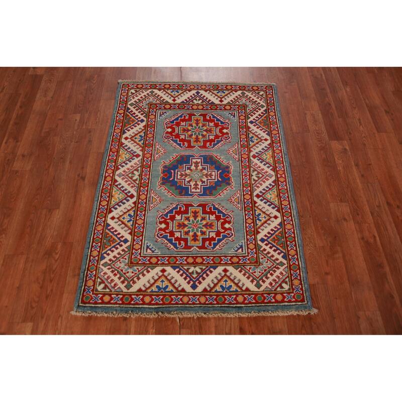 Geometric Kazak Foyer Rug Blue Traditional Handmade Wool Carpet - 2'9"x 3'11"
