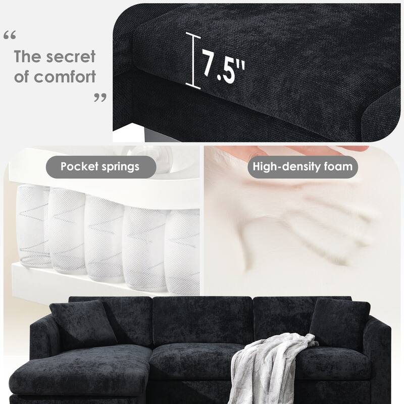 96x56" L-shaped 4-seat Chenille Sofa with Chaise and 2 Pillows, Black