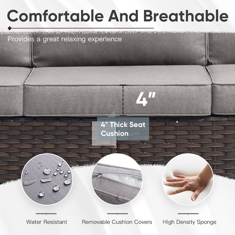 Outdoor Swivel Chairs Sofa Set with Fire Pit Table - Grey cushion - Brown