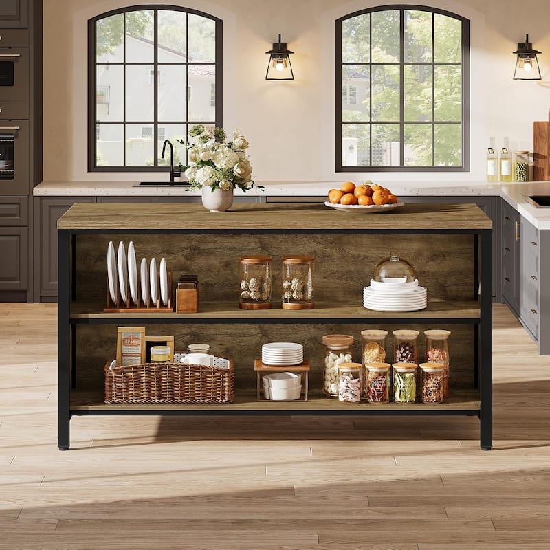 63-Inch Stationary Kitchen Island with Storage Shelves and Large Worktop, Farmhouse Style - 62.99" W × 23.62" D × 35.43" H