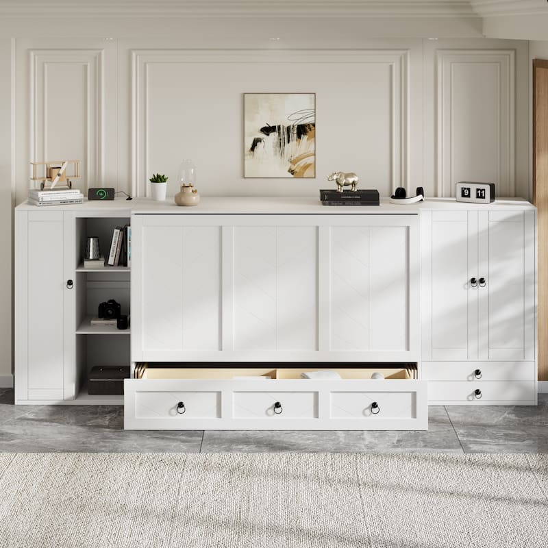 Queen Size Murphy Bed with USB Port, Little Wardrobes and Drawers, White