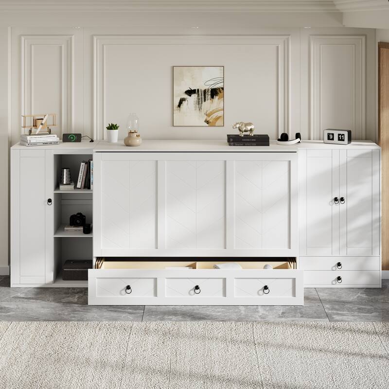 Queen Size Solid Wood Murphy Bed with Charging Station, Built-In Wardrobes, Drawers, and Foldable Cabinet Design - White