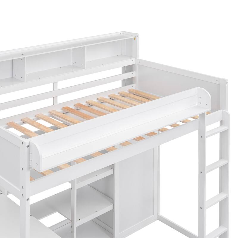 Twin Size Loft Bed with Storage Shelves, Wardrobe, and Built-in Desk, White