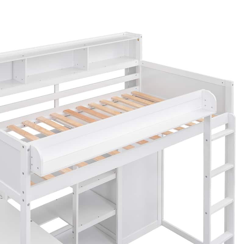 Twin Wood Loft Bed with Shelves, Wardrobe, and Desk