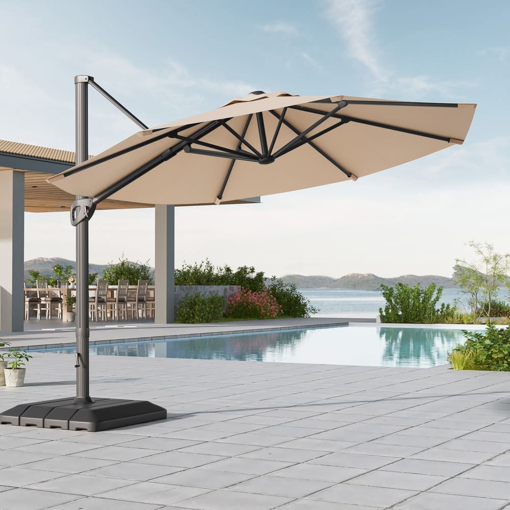 LIVOOSUN Outdoor Cantilever Offset Patio 11Ft Aluminum Umbrella w/Base