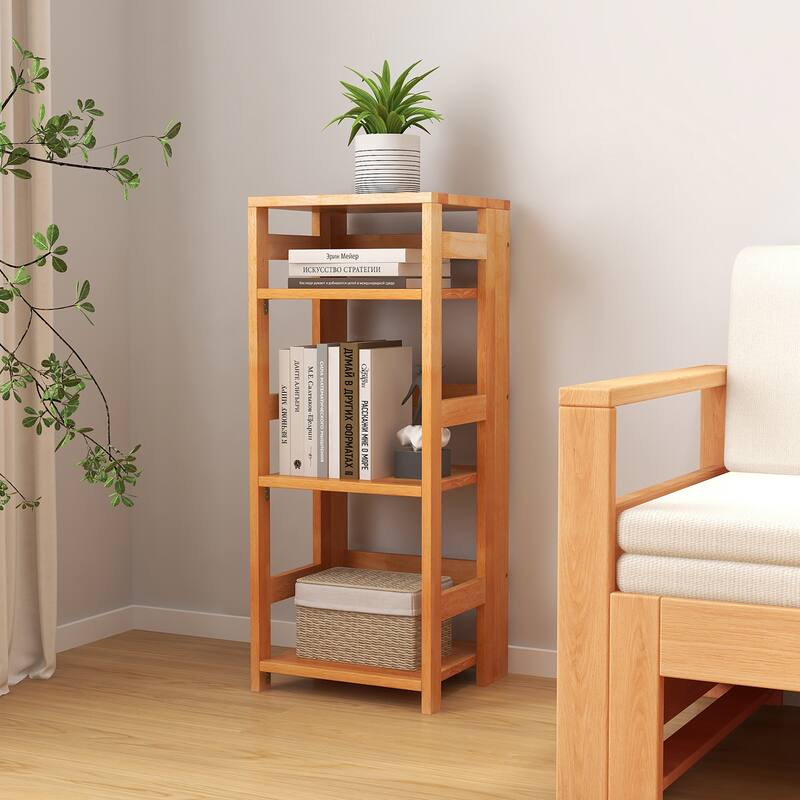 Gymax 2PCS 4-Tier Bookshelf Floor Storage Shelf w/ Rubber Wood Frame