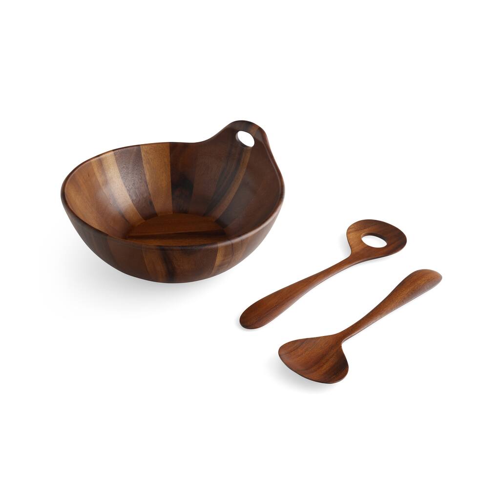 Nambe Portables Wood Salad Bowl with Servers 3 Piece Set