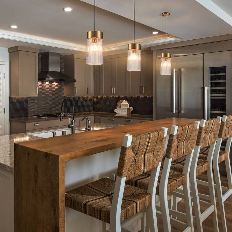 Industrial 1-Light Ribbed Glass Cylinder Pendant Light for Kitchen Island Dining Room - Gold