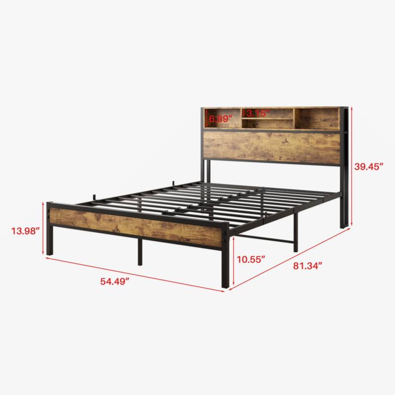 Full Size Bed Frame with Storage Headboard, Metal Platform Bed with Charging Station,Black