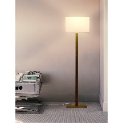 Brightech Stella 60 in. Antique Brass Mid-Century Modern LED Super Bright Floor Lamp with White Fabric Rectangle Shade