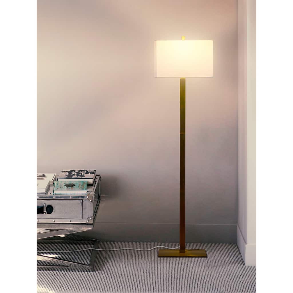 Brightech Stella 60 in. Antique Brass Mid-Century Modern LED Super Bright Floor Lamp with White Fabric Rectangle Shade