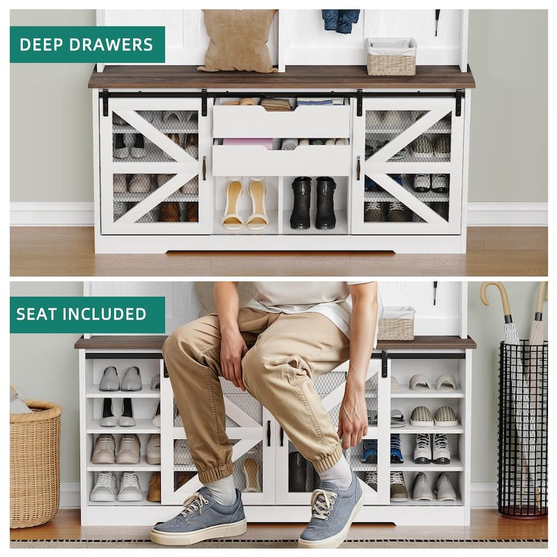 Moasis Farmhouse Hall Tree with Bench and Shoe Storage, 2 Drawers Coat Rack for Entyrway
