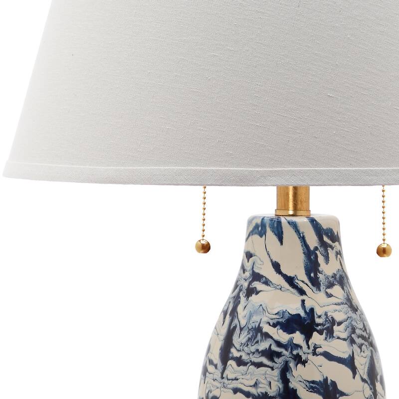 SAFAVIEH Lighting 29-inch Navy and White Color Swirls Glass Table Lamp (Set of 2) - 17"x17"x28"