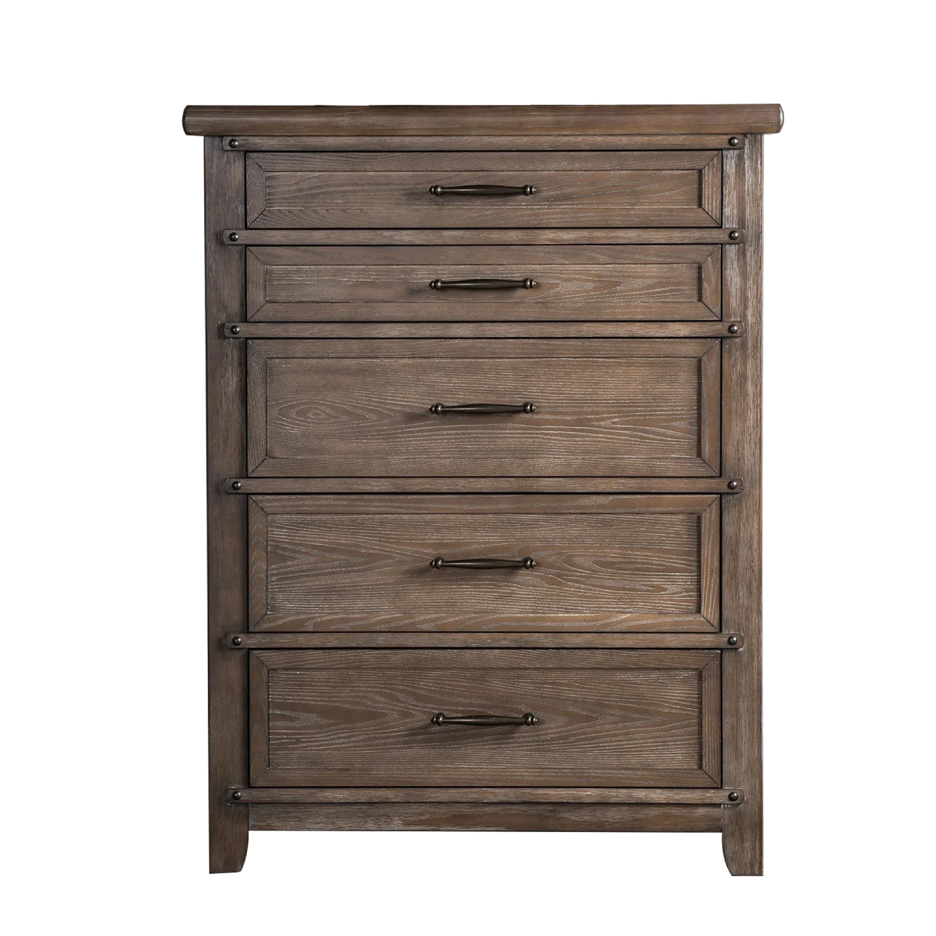 Merry Tall Dresser Chest, 5 Drawers, Brown Solid Wood, Bronze Metal