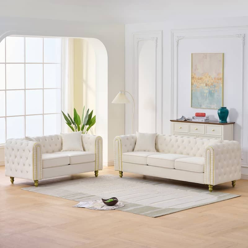 Roomfitters 86" and 63" Modern Tuxedo Chesterfield Sofa and Loveseat Set with Gold Trim, Button Back 2-Piece Couch Set - Beige