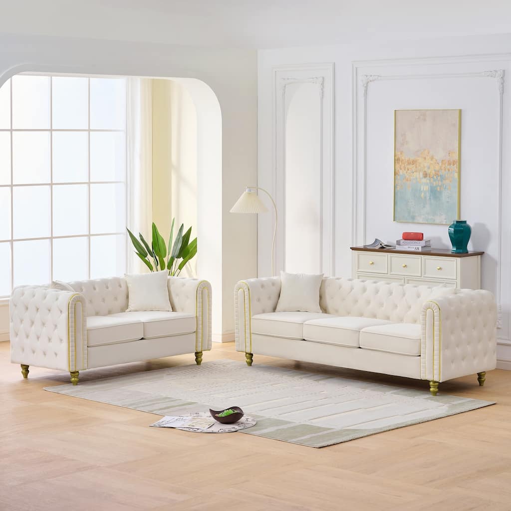 Roomfitters 86" and 63" Modern Tuxedo Chesterfield Sofa and Loveseat Set with Gold Trim, Button Back 2-Piece Couch Set