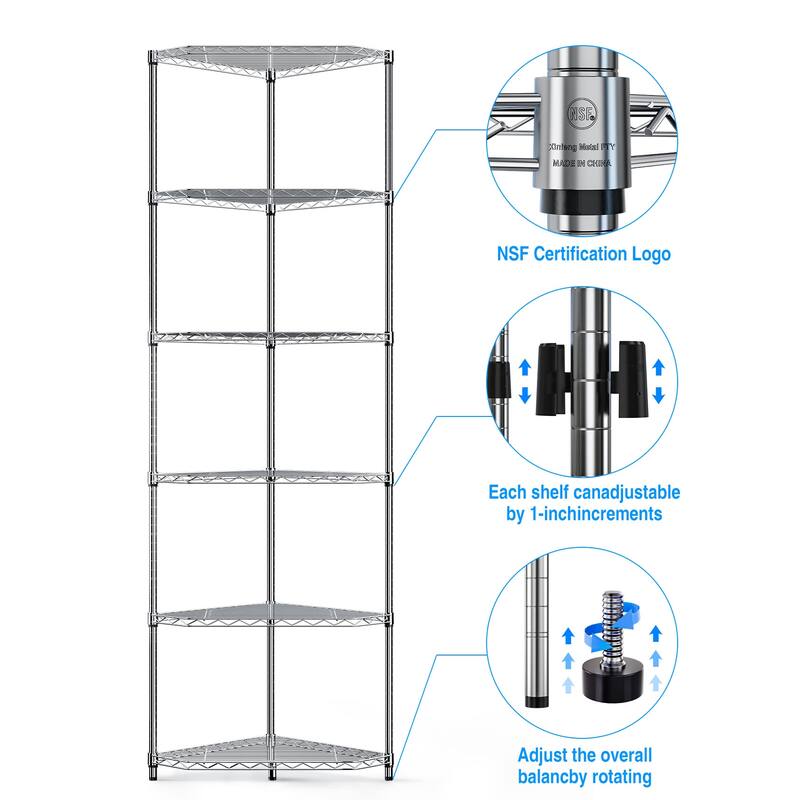 6-Tier Adjustable Wire Corner Shelf Rack for Display and Storage in Living Spaces
